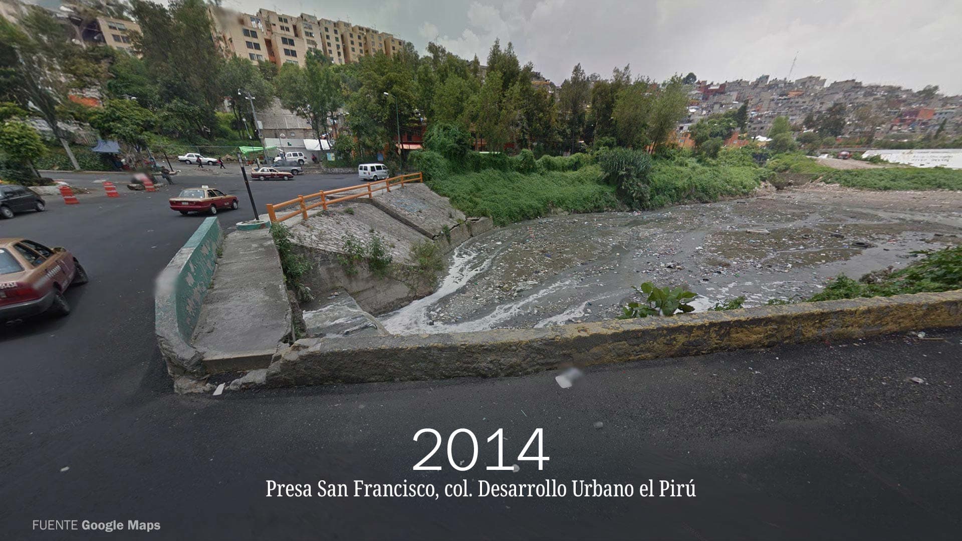 Imagen de Google Maps en la que se muestra un basurero clandestino en la Presa San Francisco en la Ciudad de México en 2014