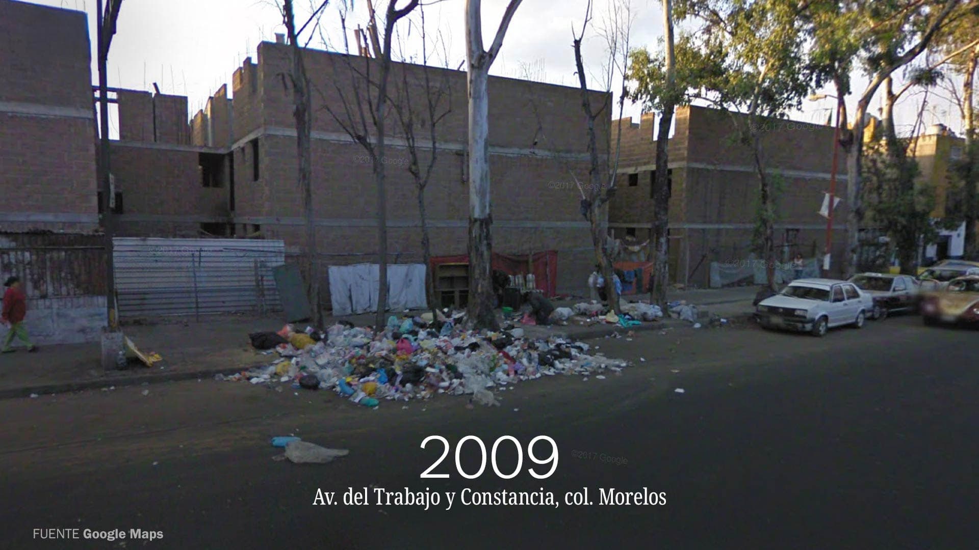 Imagen de Google Maps en la que se muestra un basurero clandestino sobre una avenida de la Ciudad de México en el año 2009