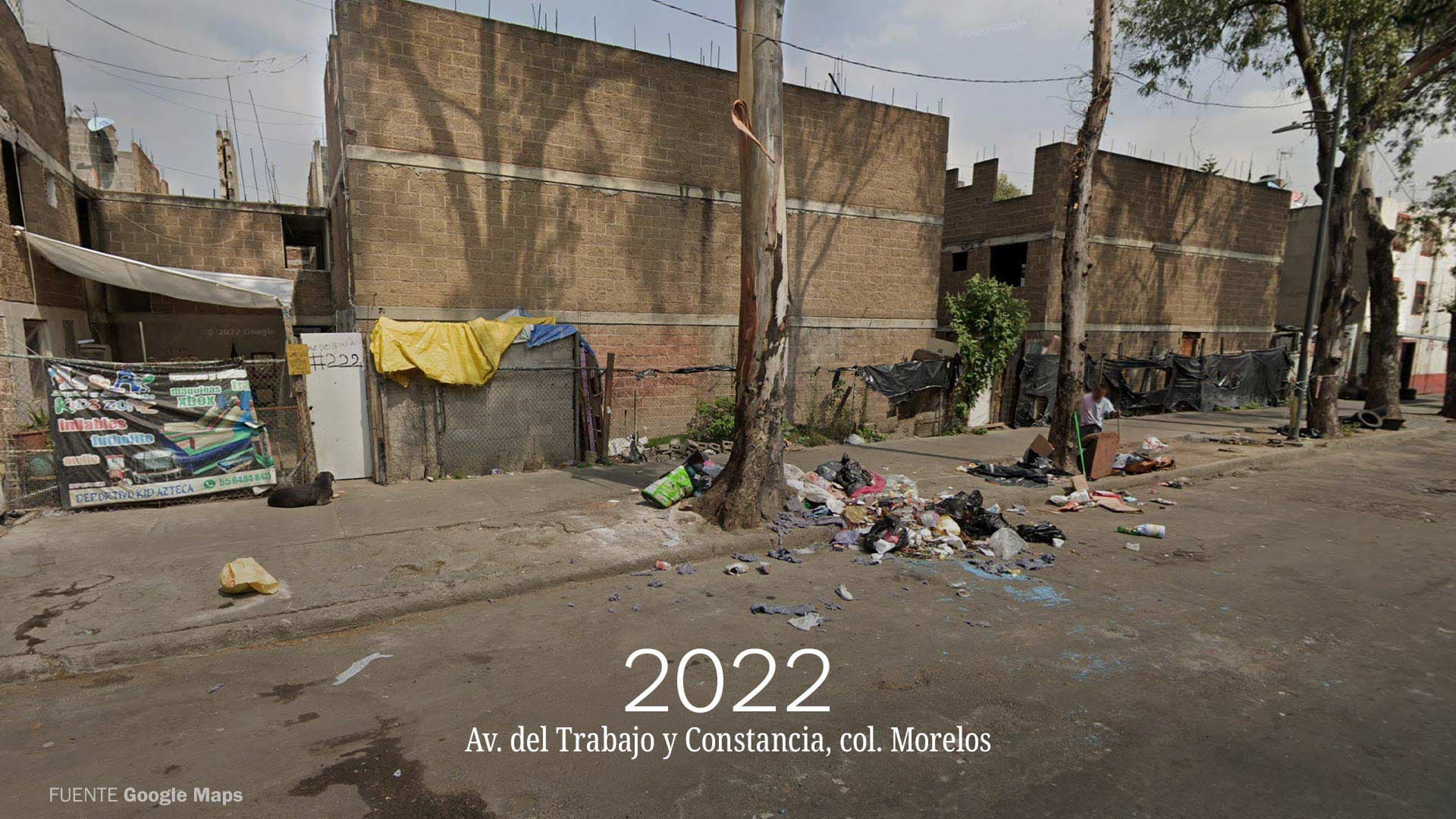 Imagen de Google Maps en la que se muestra un basurero clandestino sobre una avenida de la Ciudad de México en el año 2022