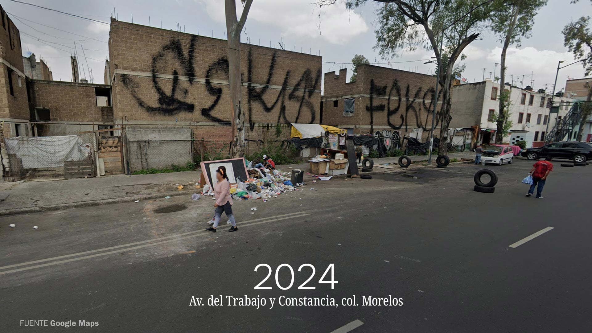 Imagen de Google Maps en la que se muestra un basurero clandestino sobre una avenida de la Ciudad de México en el año 2024