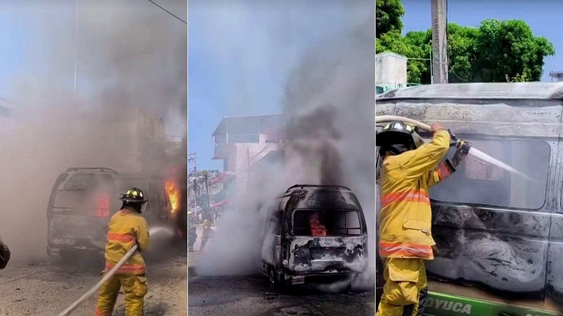 Combi de Pasajeros se Incendió en Calzada Pie de la Cuesta, Acapulco, Guerrero