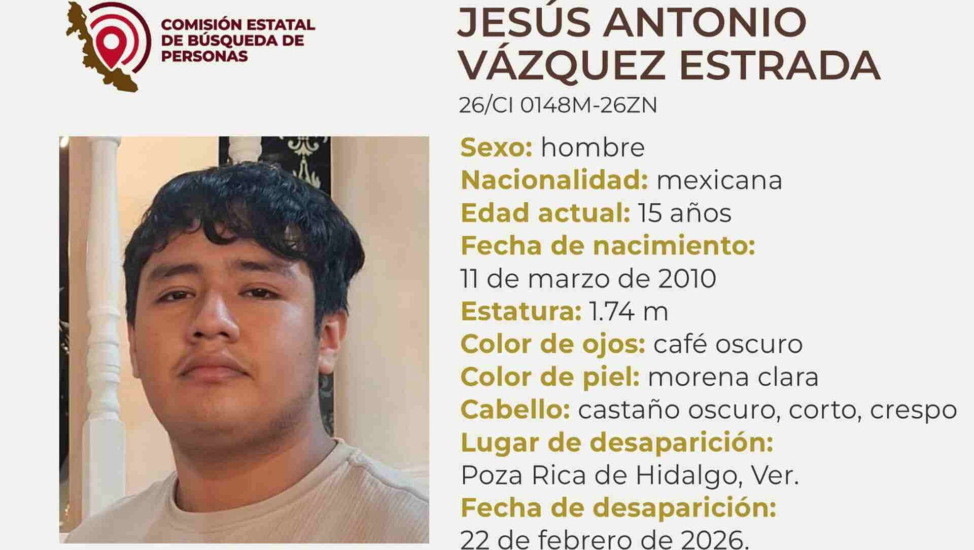 Piden Apoyo para Localizar a Jesús Estrada, Joven de 15 Años Desaparecido en Poza Rica, Veracruz