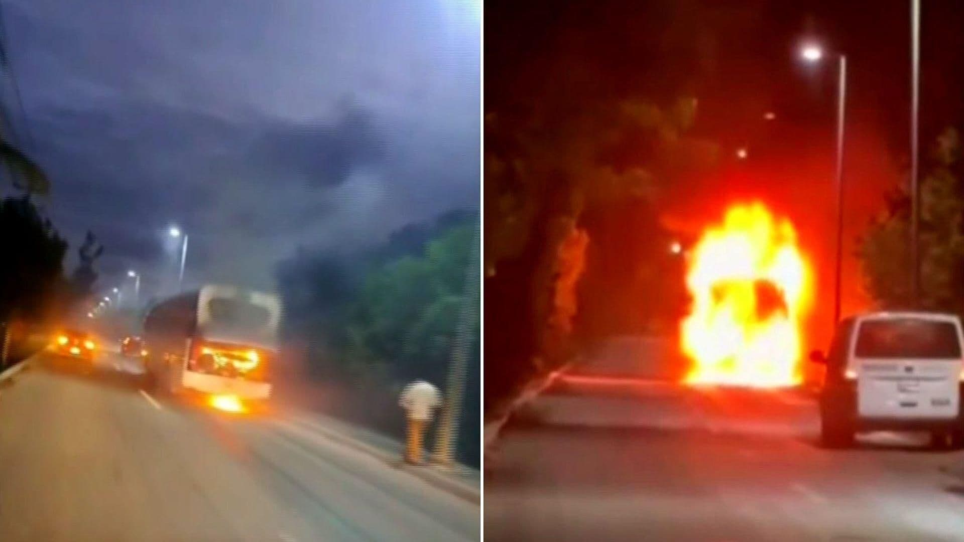 Autobús de Pasajeros se Incendia y Queda Consumido en Costa Mujeres, Cancún, Quintana Roo