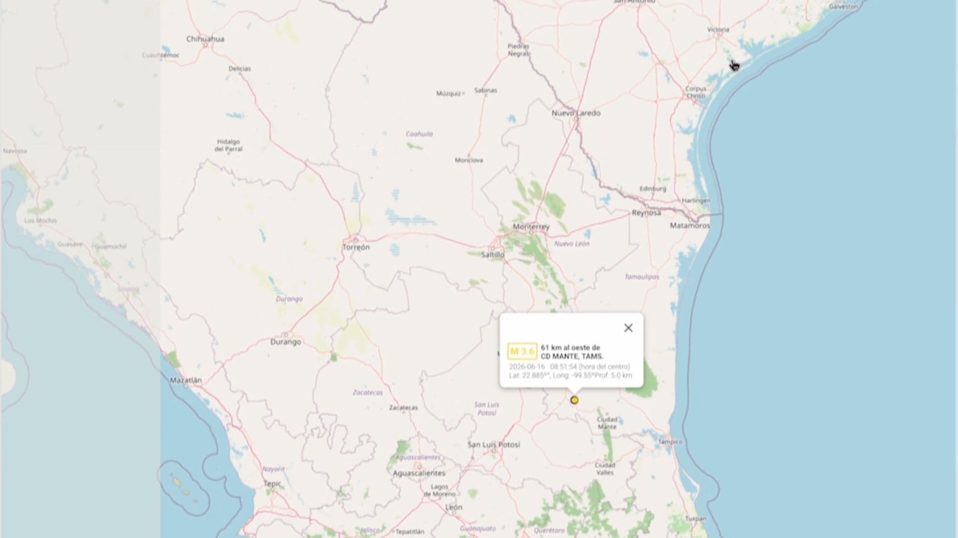 Reportan Sismo de Magnitud 3.6 en Tula; es el Séptimo de 2026 en Tamaulipas