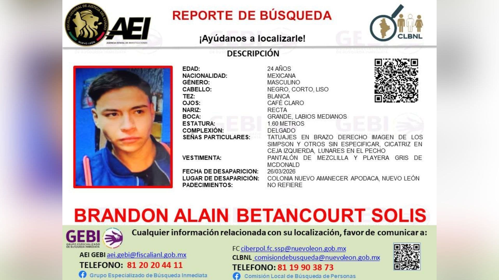 Buscan a Brandon Betancourt, Empleado de Restaurante de Hamburguesas Desaparecido en Apodaca, NL
