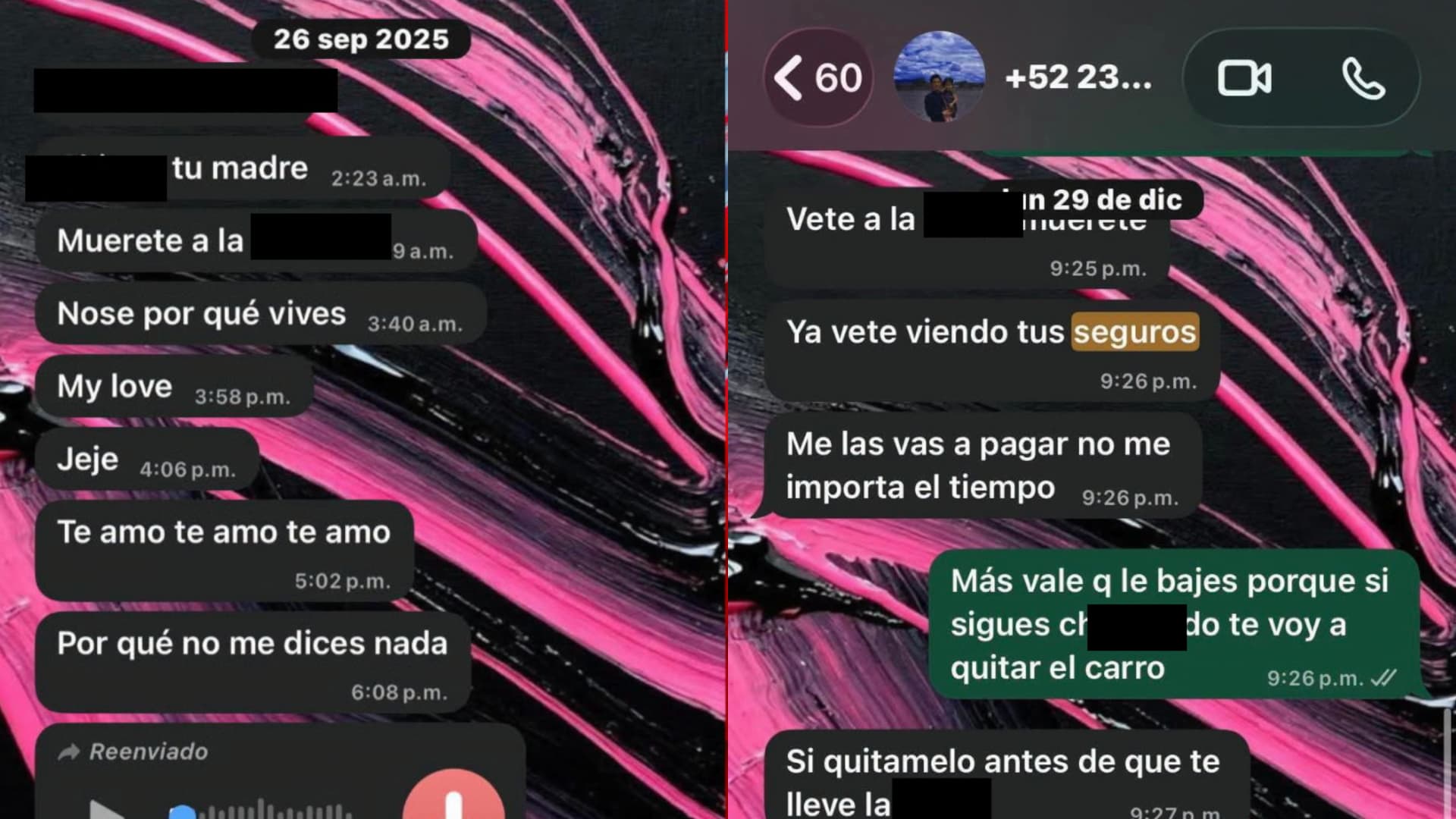 Capturas de amenazas contra mujer agredida en el Parque Juárez de Tehuacán, Puebla