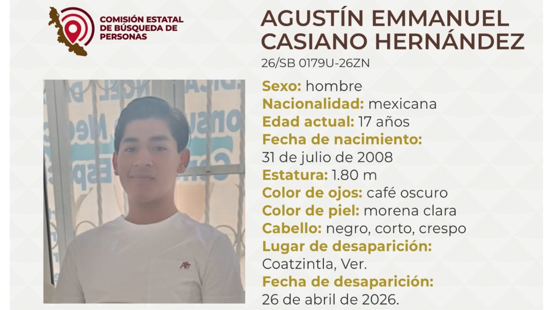 Estudiante de CBTIS 78 es Reportado como Desaparecido en Coatzintla Veracruz