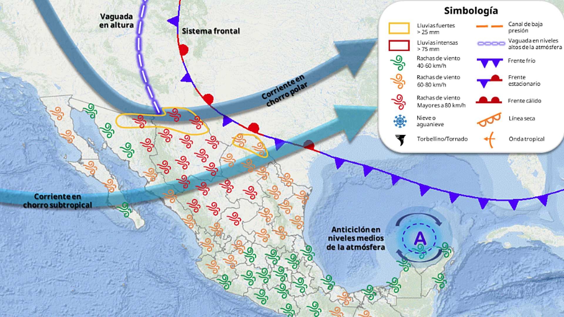 Pronóstico sobre la circulación anticiclónica el 1 de mayo 2026.