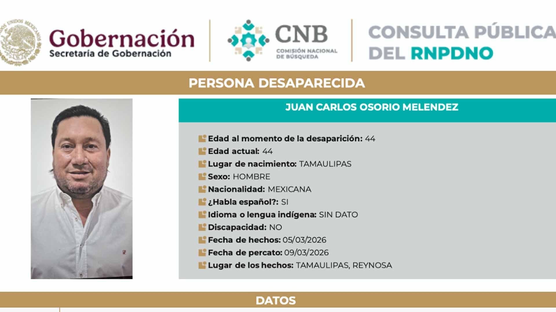 Activan Ficha de Búsqueda por Desaparición de Juan Carlos Osorio Meléndez Funcionario de Reynosa