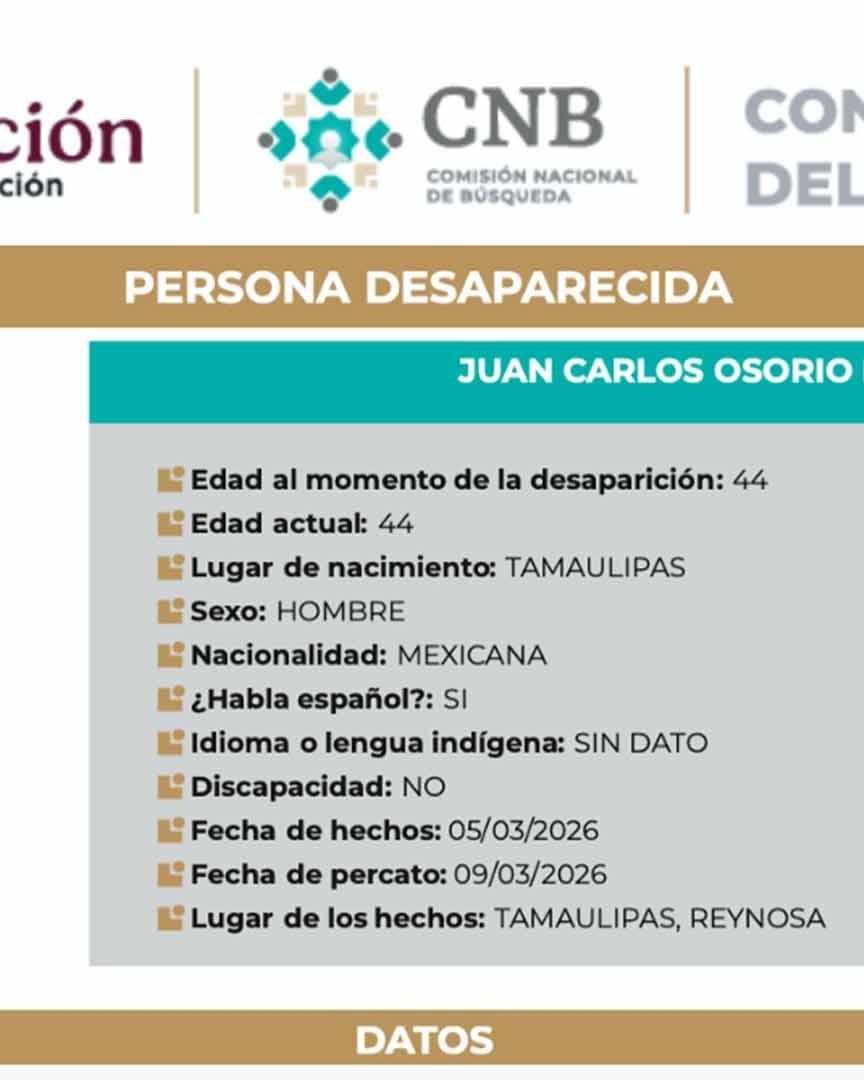 Activan Ficha de Búsqueda por Desaparición de Juan Carlos Osorio Meléndez Funcionario de Reynosa