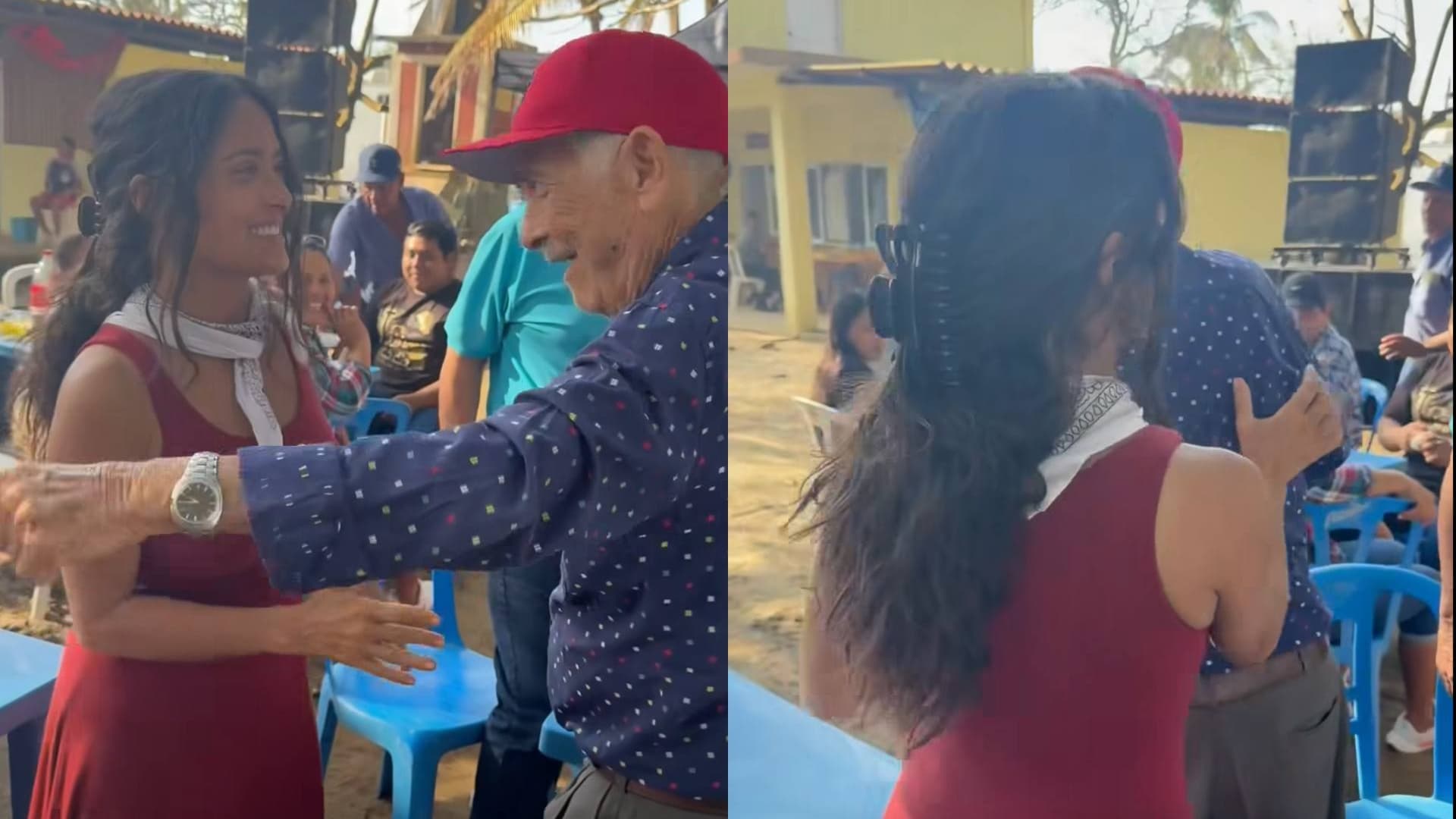 Salma Hayek se Cuela a una Fiesta y Baila Cumbia con el Cumpleañero en Roca Partida, Veracruz