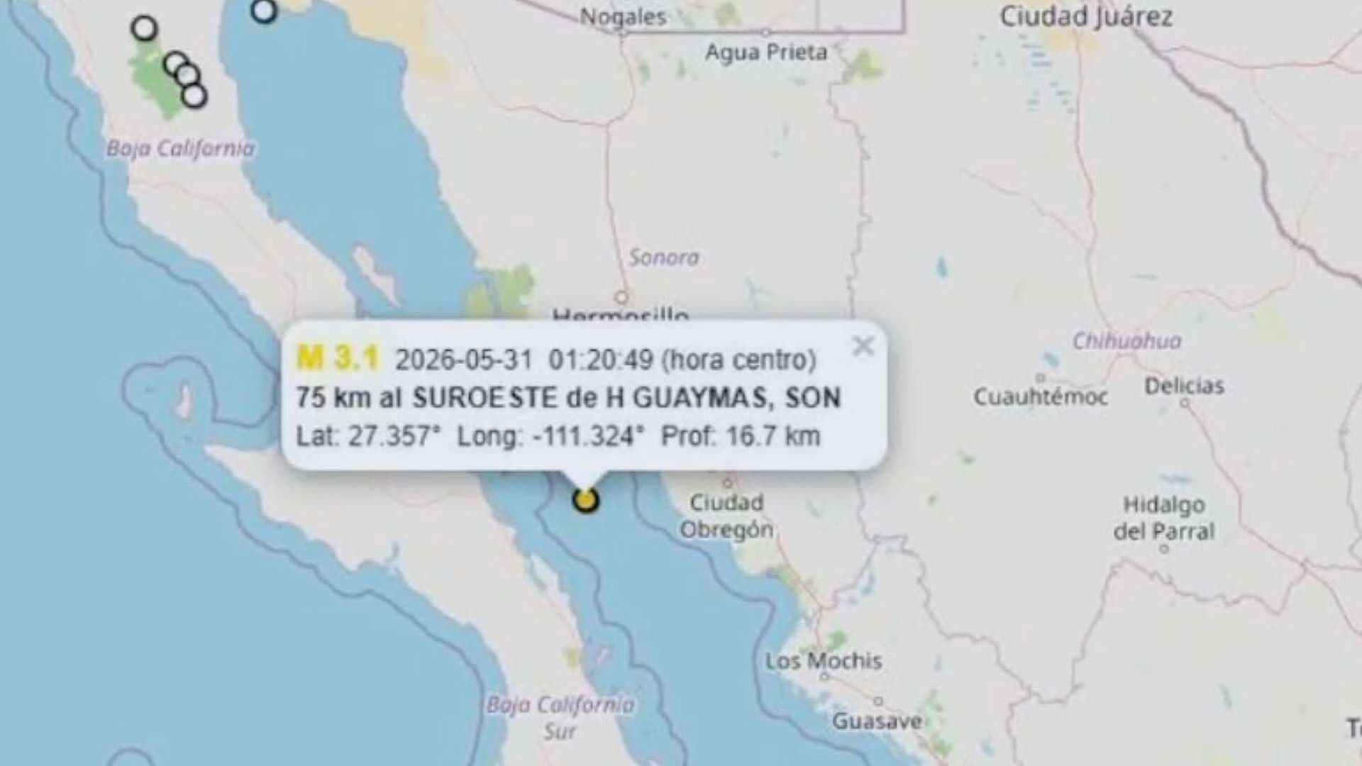 Se Registró un Sismo de 3.1 Grados al Suroeste de Guaymas, Sonora