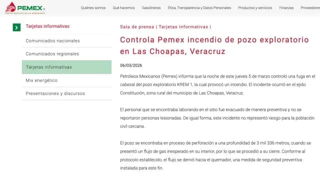 Pemex confirma control de incendio en pozo en Las Choapas, Veracruz. Foto: PEMEX