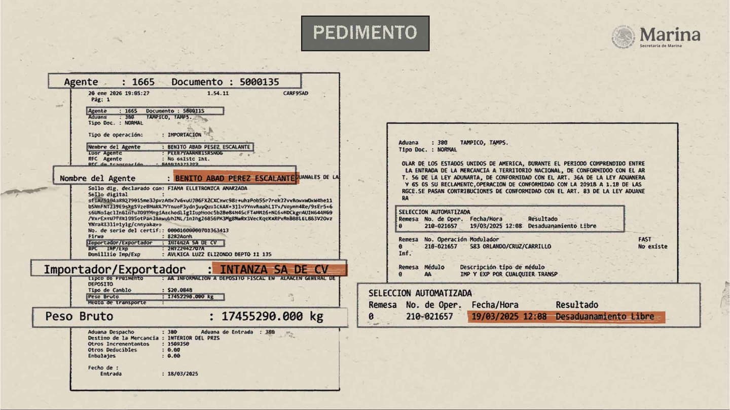 Un documento aduanero titulado "PEDIMENTO" para el ingreso del buque Procyon Challenge incluye los datos del agente y del importador resaltados, una fecha sellada del 19/08/2025 y la frase "Desaduanamiento libre".