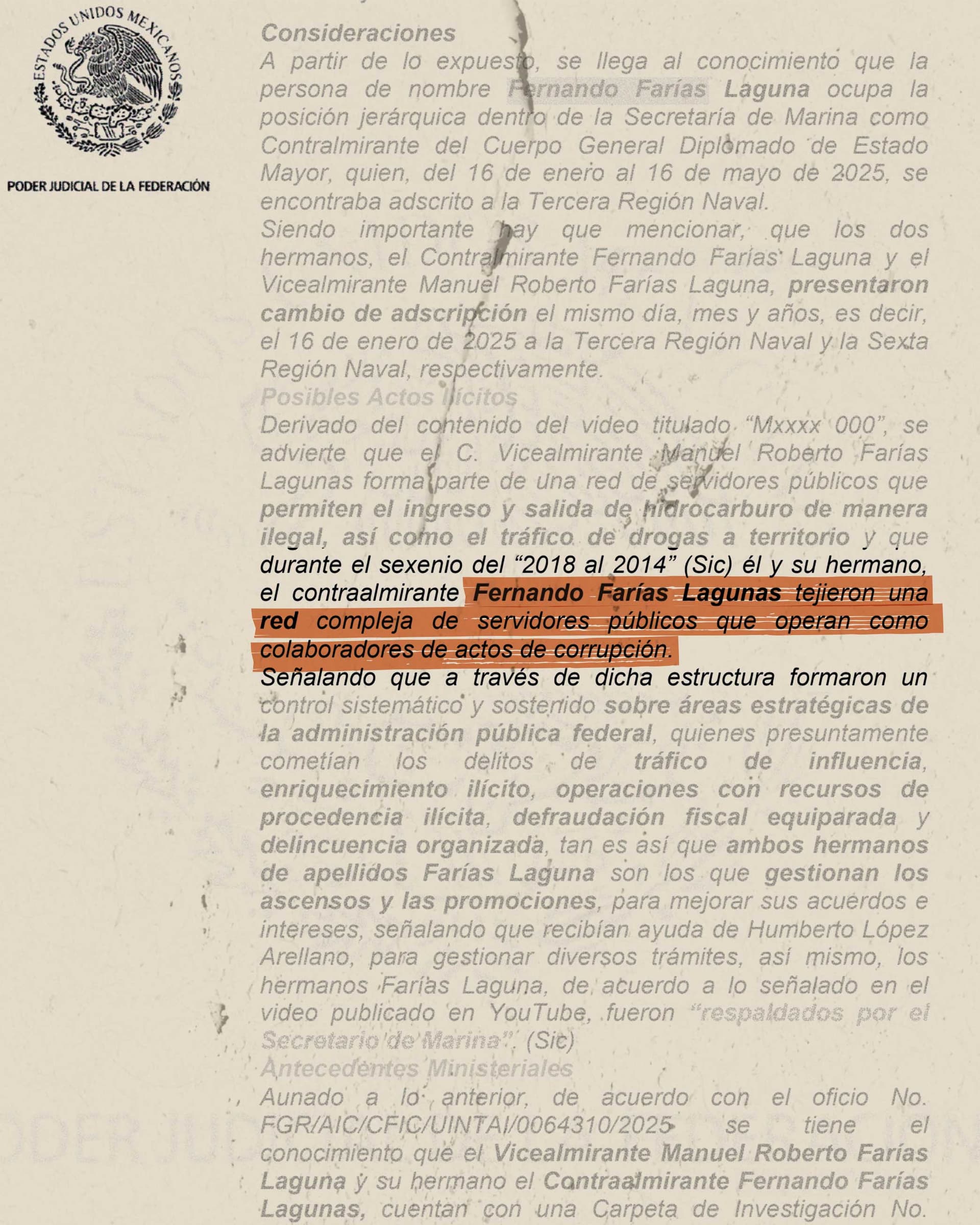 Documento del Poder Judicial de la Federación en el que se subraya el texto 'durante el sexenio del 2018 al 2014 él y su hermano el contralmirante Fernando Farias Laguna tejieron una red compleja de servidores públicos que operan como colaboradores de actos de corrupción'.