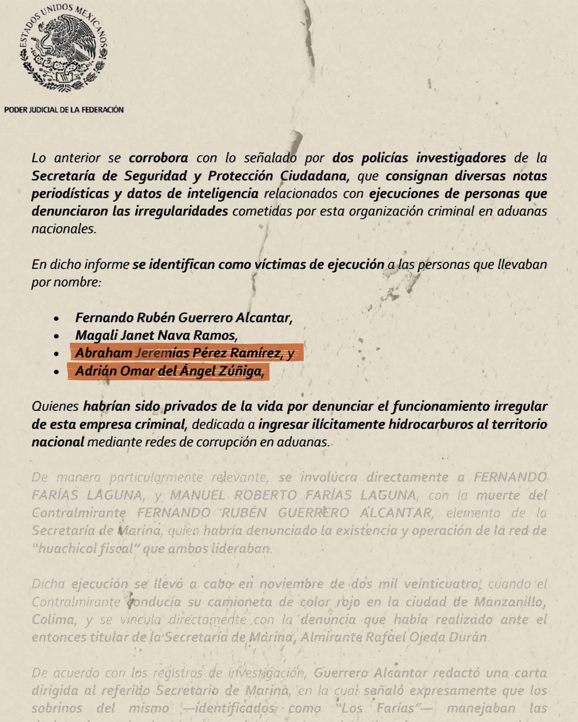 Un documento del Poder Judicial de la Federación recoge los nombres de las víctimas identificadas, entre las que destacan tres —Magali Janet Nava Ramos, Abraham Jeremías Pérez Ramírez y Adrián Omar del Ángel Zúñiga— que aparecen resaltados debido a su asesinato posiblemente relacionado con descubrir y denunciar a la operación criminal.