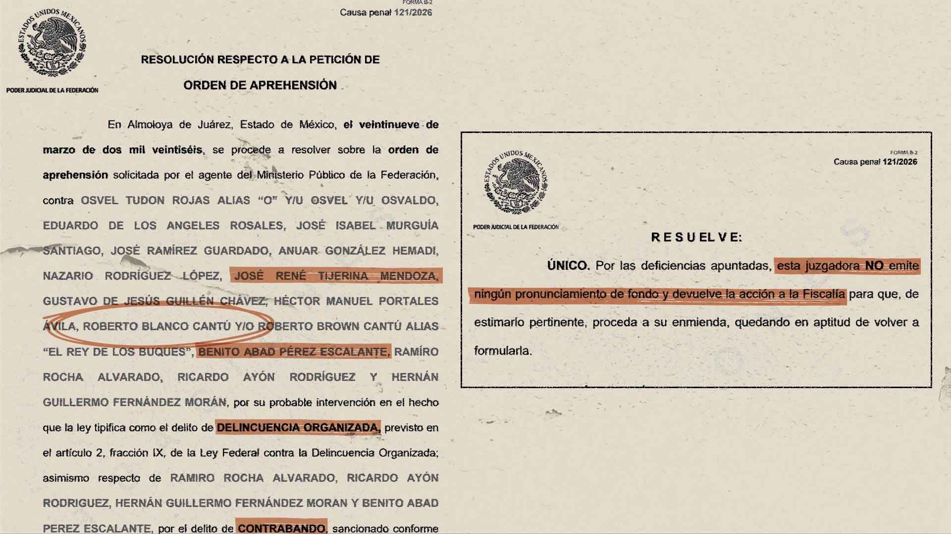 Documento del Poder Judicial de la Federación. Resolución respecto a la petición de orden de aprehensión en la que se resalta el texto "Resuelve: por las deficiencias apuntadas, esta juzgadora no emite ningún pronunciamiento de fondo y devuelve la acción a la Fiscalía.